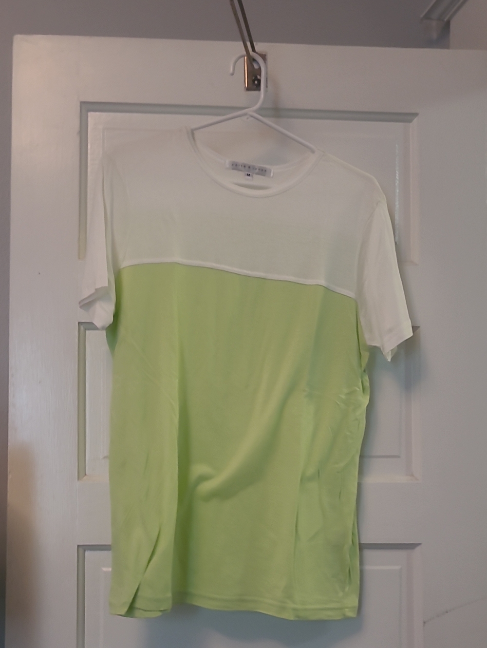 Parke & Ronen White and Light Green Colorblock Crewneck Tee
